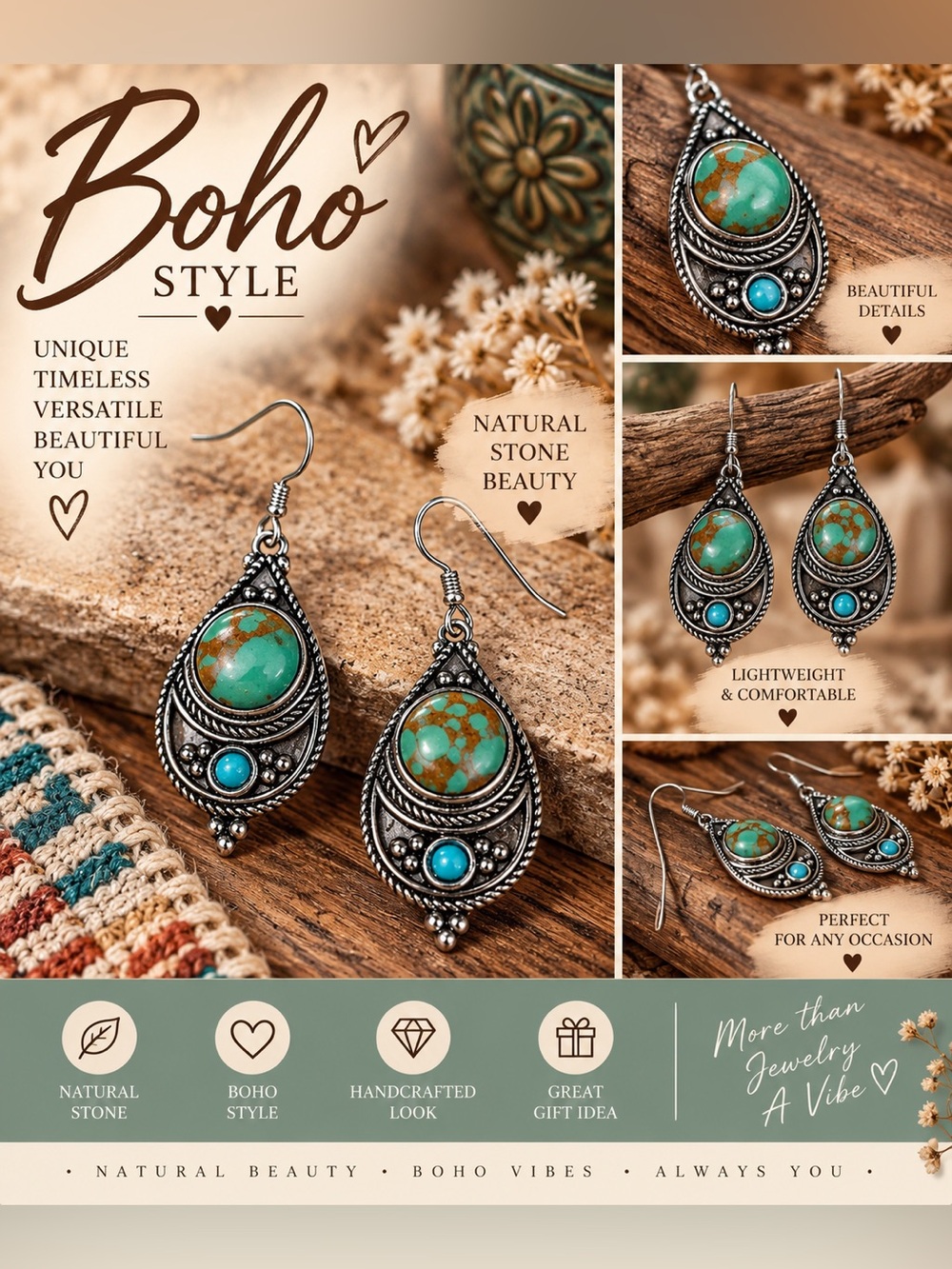 Boho Teardrop Turquoise Stone Dangle Earrings - Green